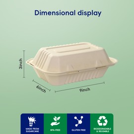 JOLLY CHEF Clamshell Take Out Food Containers, [75-Pack 9 * 6" ] To Go Containers, 100% Compostable Disposable Paper Containers, Sugarcane To Go Boxes for Salad,Lunch