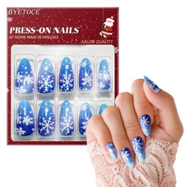 Medium Almond Press on Nails Fake Nails Gradient Blue False Nails with Snowflake Designs Glitter Glue on Artificial Nails Full Cover Acrylic Nails for Women Girls 24PCS