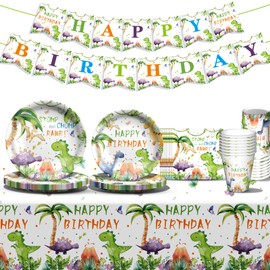 Dinosaur Party Supplies Set Includes Dinner Plates, Napkins, Cups, Banner and Tablecloth for Dinosaur Birthday Party Decorations, Serves 24