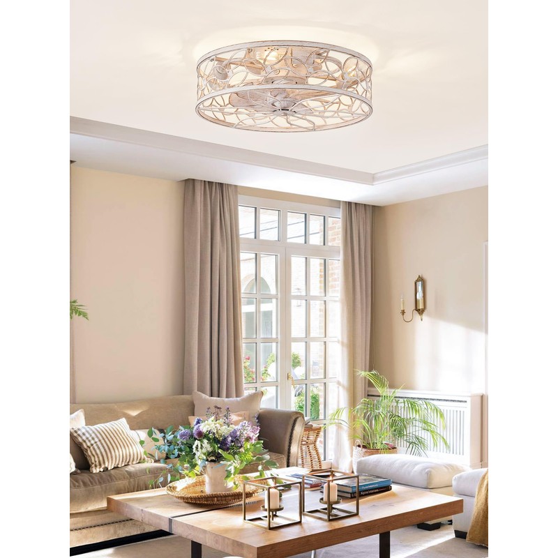 LEDIARY Caged Ceiling Fans with Lights, White Flush Mount Ceiling