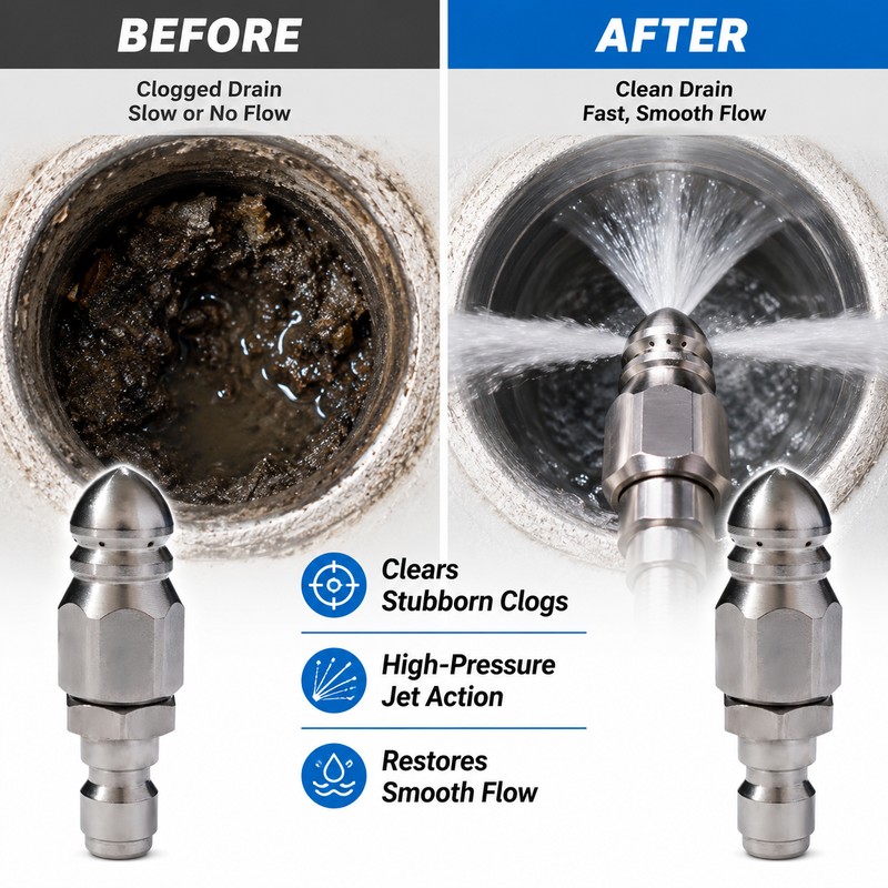 Sewer Jetter Nozzle for Pressure Washer Use – 1/4" Stainless