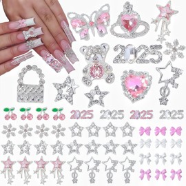 Pizadix Pizadix 82 pcs 3D Sliver Pink Nail Charms Y2K Cute Nail Charms Set with Butterfly, Bear, Purse, 2025, Dangle Star, Bow, Cherry, Heart, Snowflake for Nail Art Decoration Y2K
