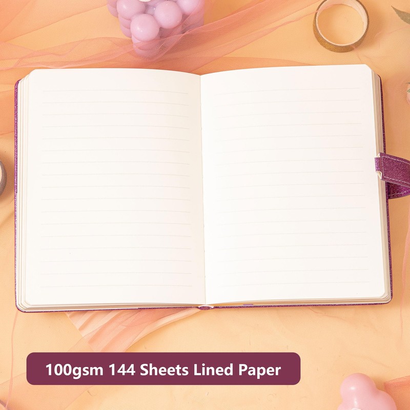 Heart Lock Journal Notebook with Key, Glitter Purple PU Leather
