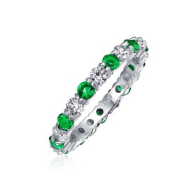 Two Tone Green Birth Month Color Stackable Eternity CZ Pave Cubic Zirconia Promise Ring For Women Sterling Silver 3MM