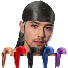 Samidy 5 Pieces Breathable Bandana Hat Silky Durag do doo du rag long tail headwrap Pirate Cap
