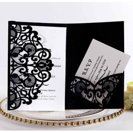 BLUGUL Pack of 10 Wedding Invitation Cards Wedding Cards Hollow Floral Design with 2 Blank Cards Black