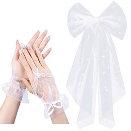 AYNKH Bridal Veil Hair Clips Bow with Gloves Pearl Hauteur Hair Accessories Wedding White Tulle Short Bridal Veil Hair Veil Hair Veil for Wedding Hen Party Decorations