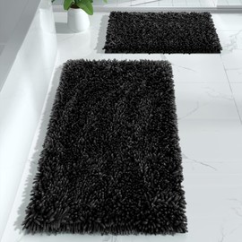 Yimobra Bathroom Rug Set 2 Piece, Luxury Shaggy Bath Mat Set with Non Slip Backing, Ultra Soft & Absorbent Mats for Bathroom Floor, Machine Washable, 31.5"x20"+24"x17", Black
