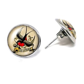 JUANLOWE Rockabilly Earrings - Various Designs - Old School Tattoo Stud Earrings Stainless Steel for Women Men Unisex, Glass