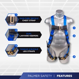 Palmer Safety Safety Harness Kit I 5pt Body Harness, 6' Double Lanyard, 18'' D-Ring Extender I Dorsal D-ring I Fall Protection OSHA ANSI Kit (1D, Blue) (H212100031DLK)