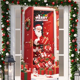 Christmas Door Cover,Santa with Gifts Red Xmas Door Covers Decorative Christmas Front Door Porch Sign Decorations and Supplies for Home House Party Room Office Decor-71 × 35inches (Christmas-01)