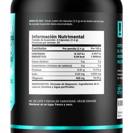 Glicinato de Magnesio de 120 Cápsulas 408 mg. Ingredientes naturales. Glycinate Mag B Life.