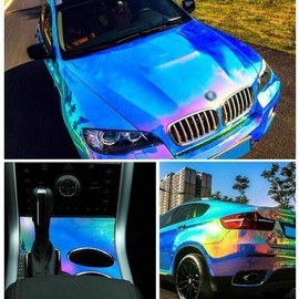 calcomanía holográfico de vinilo para coche con diseño de arcoíris neo chapado en cromo brillante sin burbujas de aire, lámina adhesiva para bricolaje (azul cielo, 53 x 11.8 pulgadas (135 x 30 cm)