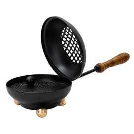 Large Smoking pan [Diameter 4.33 inch, Length Approx. 9.84 inch], Made of Iron, matt Black, with Removable Sieve and Wooden Handle