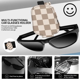 DtuiQSDRV Leather Magnetic Sunglass Holder for Car Sun Visor, Cute Eyeglass Ticket Card Hanger Clip, Universal Auto Interior Accessories for SUV Pickup Truck Light Brown Checker