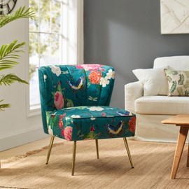 HULALA HOME Accent Chair with Golden Metal Legs, Comfy Tufted Wingback Living Room Chair Floral Fabric Small Armless Side Chair, Upholstered Slipper Chair for Bedroom, Reading Room Flower Print