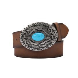 TRIWORKS Women's Western Leather Belt Vintage Medieval Turquoise Buckle Belt Ladies Cowgirl Concho Leather Belt