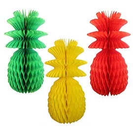 Rasta Honeycomb Pineapple Party Decorations, 3-Piece Set - Tropical Tissue Paper Decor for Caribbean, Jamaican, Reggae, Hawaiian, Summer, Beach & Luau Themed Events - Hanging Paper Pineapples