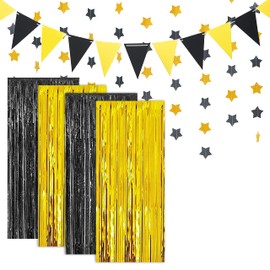 Joyeah 4 Pack Foil Fringe Curtains Black Gold Metallic Tinsel Curtain Decorations Streamers Backdrop for Birthday Party