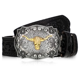 Jadive Men's Belt Western Cowboy Bull Leather Buckles Belt Longhorn Buckle with Flowers Engraving for Men, black