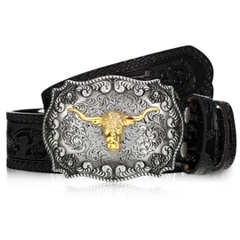 Jadive Men's Belt Western Cowboy Bull Leather Buckles Belt Longhorn Buckle with Flowers Engraving for Men, black