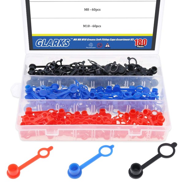 Glarks 180-Pieces M6(Red) M8(Yellow) M10(Black) Grease Zerk Fitting Caps Assortment Kit Brake Bleeder Screw Caps Dust Cover With Keeper