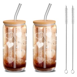 Yetene 2 Pcs Hearts Glass Cup Set, 16 oz Valentine's Day Tumbler Glasses with Bamboo Lids and Straws Can Shaped Iced Coffee Cups Clear Glass Cups Drinking Jars for Couple Lover Birthday Gifts (White)
