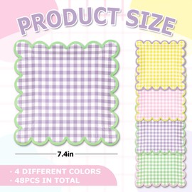 FYSUIMU 48Pcs Pastel Gingham Paper Plates Scalloped Pink Yellow Purple Green Plaid Disposable Plates Checkered Tableware for Spring Summer Table Supplies