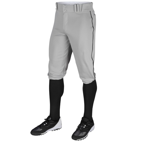 Champro Mens Triple Crown Knicker Style Baseball Pants with Contrast-Color Braid Piping and Reinforced Sliding Areas, Grey, Black Pipe, Small