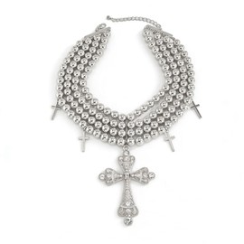 WLL Gold Silver Chunky Cross Necklace for Women Exaggerated Ball Beaded Chain Layered Choker Necklace Big Crystal Cross Pendant Hip Hop Bib Statement Necklace Jewelry for Women (silver)