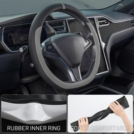 COFIT D-Shape Car Steering Wheel Cover for 37-38 cm, Scratch-Resistant Flat Floor Steering Wheels, Microfibre Leather Steering Wheel Cover, Non-Slip Breathable Steering Wheel Protection, Grey and