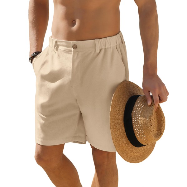 JEMLDL Men's Shorts Casual 7" Cotton Linen Button Elastic Waist