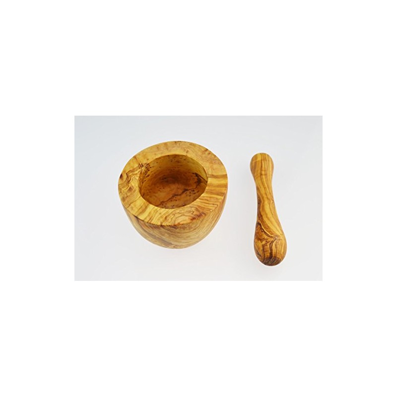 Olive Wood Mortar and Pestle, Flat Style, Wood, Grain/Natural, 10