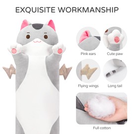 Mewaii 28in Long Cat Plush Pillows Stuffed Animals Squishy Pillows - Plushie Cute Kitty Sleeping Hugging Plush Pillow Soft Toys for Kids(Gray)