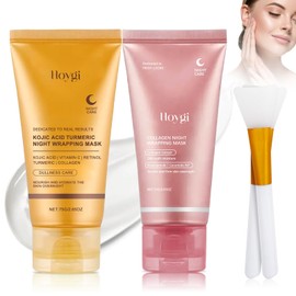 2Pcs Collagen Night Wrapping Mask + Kurkuma Vitamin-C Collagen Maske,kollagen maske overnight,Peel off Kollagen Maske,Tiefe Hydratation,Reduziert Falten & Verbessert die Hautelastizität,Mit 2 Pinseln