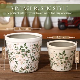 Ninehaoou Set of 2 Vintage Green Ceramic Flowerpot with Drainage Holes 5.7/4.7 Inch Country Rustic Ceramic Planter Retro Ice Glazed Crack Planter Vintage Farmhouse Pots for Indoor Outdoor Home Decor