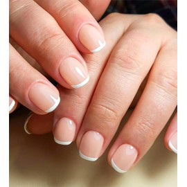 Artquee Real Short Thin French Tip Press on Nails Squoval Clear Nude Fake Nail Art White Edge Glossy False Nail Stick on Fingernails for Women in 12 Sizes - 24pcs