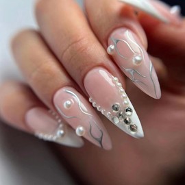 Ceboic 24Pcs Press on Nails Medium Almond, White Pink Ballerina Luxury Fake Nails, French Glossy False Nails with Pearl Rhinestones Designs, Stiletto Stick on Nails for Women Girls Wedding Birthday