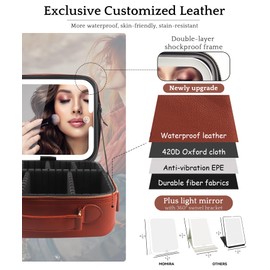 MOMIRA Travel Makeup Bag Cosmetic Bag with Lighted Mirror, Adjustable Brightness in 3 Color Scenarios/Detachable makeup mirror, All-round Upgrade, Waterproof, Gift for Women -Red Brown