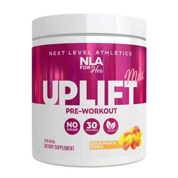 Uplift MAX Pre-Workout Energy For Women (Sour Peach Rings)- 30 Servings- Clean/Sustained Energy, Supports Athletic Performance, Helps Fast Twitch Muscle Fiber Activation (Caffeine, Vegan, GF, 15 Cals)