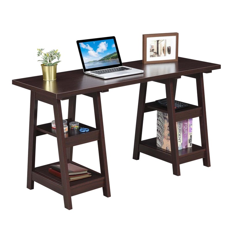 Convenience Concepts Designs2Go Double Trestle Desk with Shelves, Espresso