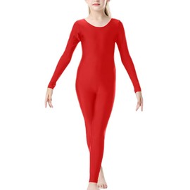 Prime fashions Girls Ladies Full Sleeve Footless Catsuit Scoop Neckline Footless Dance Unitard for Ballet, Dance, Acrobatics, Gymnastic Performance (Red, 13-14 Years)