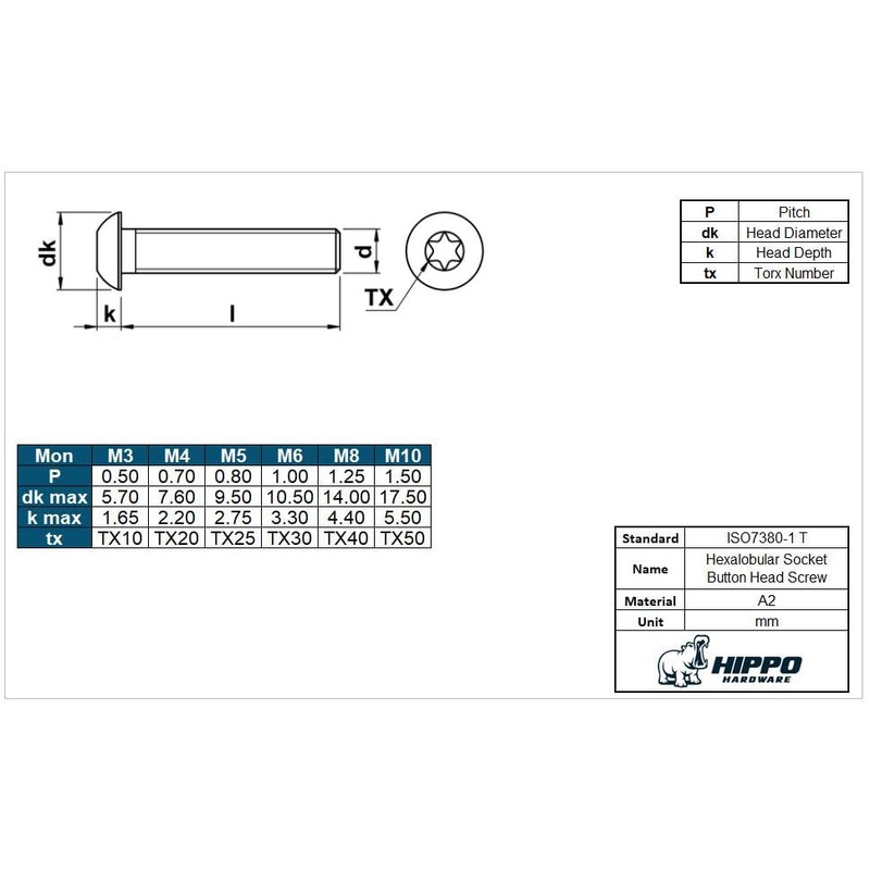 Hippo Hardware M6 (6mm X 20mm) TX Torx Socket Button