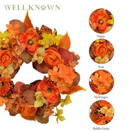 WELL KNOWN Artificial Flower Candle Rings Wreath, 12" Orange Poppy Small Summer Wreath for Candles & Candleholders, Autumn Centerpieces for Home Table Decor