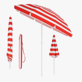 EPISENT Beach Umbrella – 1.9m Travel Sun Parasol with Carry Bag | Adjustable Tilt Shade for Garden, Picnic, Beach & Outdoor Use (RED & WHITE)