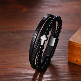 Cupimatch Cross Men's Leather Bracelet: Multilayer Braided Leather Bracelet Stainless Steel Cross Cuff Beads Jewellery Gift for Valentine's Day Christmas Birthday Anniversary, Leather, No Gemstone