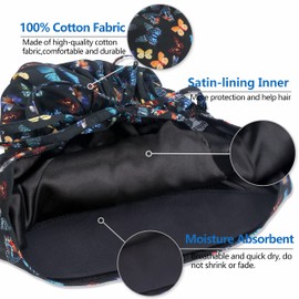 IRIS CRAFT Adjustable Working Cap with Button, Satin-Lined Cotton Working Hat Sweatband, Elastic Bandage Tie Back Hats for Women & Men, One Size, Butterfly with Satin-Lined