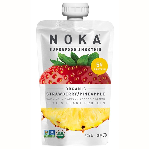 NOKA Superfood Pouches | 100% Organic Fruit And Veggie Smoothie Squeeze Packs | Non GMO, Gluten Free, Vegan, 5g Plant Protein | 4.2oz Each (Strawberry Pineapple, Pack of 6)