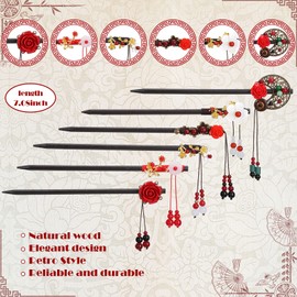 WILLBOND 6 Pcs Chinese Hair Sticks Japanese Vintage Wooden Chopsticks Accessories for Women Asian Floral Stick Classic Retro Tassel Flower Pins Handmade for Long Hanfu Hair(Vintage Style)