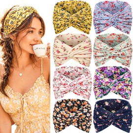 Awumbuk Wide Headbands for Women, 7.08 Inch Thick Boho Turban Style Hair Wraps, Non-Slip Moisture-Wicking Workout Headband for Sports, Yoga, Daily Fashion, 8 Pack Multi Colors
